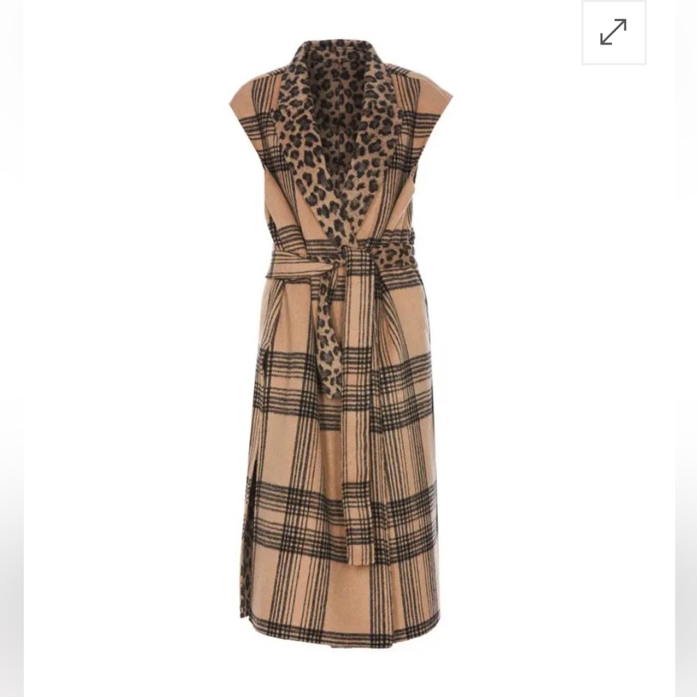 Twin-Set Leopard and Plaid Sleeveless Coat - Beige and Black